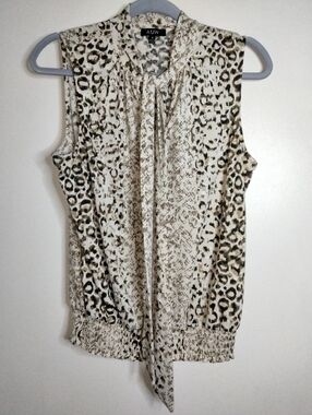 AUW (Size M) Animal Pattern Tie-Neck Stretch Sleeveless Smock Waist Blouse Top